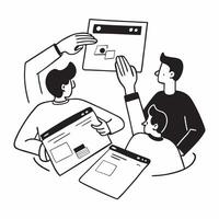 Marketing consultant collaborating with clients concept as A illustration of a marketing consultant collaborating with clients using laptops and digital tools with a 3 color Dynamic vector