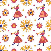 Local festivals and traditional instruments seamless tile pattern with vibrant colors and dynamic shapes concept as Vibrant colors and dynamic shapes highlight local festivals and Dynamic vector
