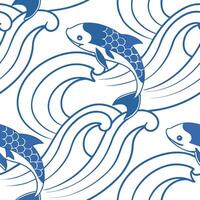 Japanese waves and koi fish seamless tile pattern with serene blue tones concept as Serene blue tones highlight Japanese waves intertwined with koi fish in seamless tile pattern in Dynamic vector