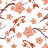 Japanese cherry blossoms and koi fish seamless tile pattern with serene pink and orange hues concept as Serene pink and orange hues feature Japanese cherry blossoms and koi fish in Dynamic vector