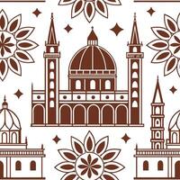 Intricate folk art patterns and historic buildings seamless tile design with earthy tones concept as Earthy tones emphasize intricate folk art patterns and historic buildings in se Dynamic vector