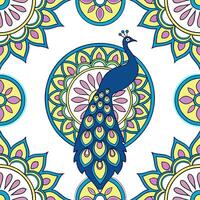 Indian mandala patterns and peacocks seamless tile pattern with vibrant colors concept as Vibrant colors highlight Indian mandala patterns intertwined with peacocks in seamless til Dynamic vector