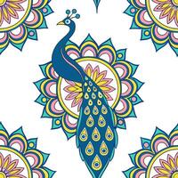 Indian mandala patterns and peacocks seamless tile pattern with vibrant colors concept as Vibrant colors highlight Indian mandala patterns intertwined with peacocks in seamless til Dynamic Set 2 vector