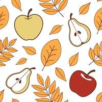 Harvest apple and pear seamless tile pattern with autumn foliage and warm tones concept as Apples and pears with autumn foliage in warm tones create a harvest apple and pear seamle Dynamic vector