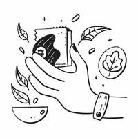 Hand holding a cut leaf with eco friendly products concept as A hand holding a cut leaf with eco friendly products in the background promoting green products and corporate social r Dynamic Set 2 vector