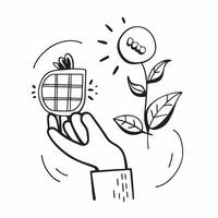 Hand holding a cut leaf with a solar panel installation concept as A hand holding a cut leaf with a solar panel installation in the background emphasizing corporate social responsi Dynamic vector