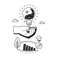 Hand holding a cut leaf with a solar farm concept as A hand holding a cut leaf with a solar farm in the background representing renewable energy and corporate social responsibility Dynamic vector