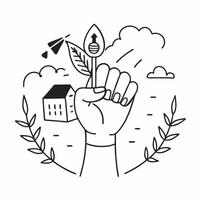 Hand holding a cut leaf with a school in the background concept as A hand holding a cut leaf with a school in the background representing educational initiatives and corporate soci Dynamic vector