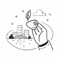 Hand holding a cut leaf with a public park concept as A hand holding a cut leaf with a public park in the background highlighting corporate social responsibility in urban green spa Dynamic vector