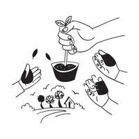 Hand holding a cut leaf with children planting trees concept as A hand holding a cut leaf with children planting trees in the background highlighting youth involvement and corporat Dynamic vector