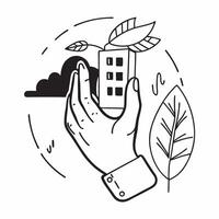 Hand holding a cut leaf with a corporate office concept as A hand holding a cut leaf with a corporate office in the background emphasizing sustainability in corporate environments Dynamic vector