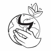 Hand holding a cut leaf over a globe concept as A hand holding a cut leaf over a globe representing global environmental responsibility and the impact of corporate social responsib Dynamic vector