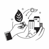 Hand holding a cut leaf in front of a corporate building concept as A hand holding a cut leaf in front of a corporate building emphasizing the integration of sustainability into co Dynamic vector