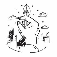 Hand holding a cut leaf with a cityscape in the background concept as A hand holding a cut leaf against a cityscape background highlighting urban environmental initiatives and corp Dynamic vector