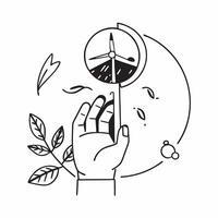 Hand holding a cut leaf near a wind turbine concept as A hand holding a cut leaf near a wind turbine representing renewable energy initiatives and corporate social responsibility i Dynamic vector