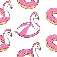 Fun inflatable pool float seamless tile pattern with flamingos unicorns and donut shapes concept as Inflatable pool floats in fun shapes like flamingos unicorns and donuts create a Dynamic vector
