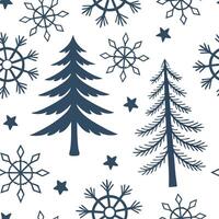 Frosty snowflake and tree silhouette seamless tile pattern with winter forest elements concept as Snowflakes paired with tree silhouettes create a frosty seamless tile pattern with Dynamic vector