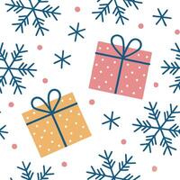 Frosty snowflake and holiday present seamless tile pattern with colorful gift elements concept as Colorful holiday presents paired with frosty snowflakes create a seamless tile pat Dynamic vector