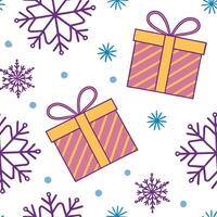 Frosty snowflake and holiday gift seamless tile pattern with vibrant colors and festive elements concept as Vibrant holiday gifts paired with frosty snowflakes create a seamless ti Dynamic vector