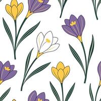 Fresh spring flower seamless pattern with crocuses and primroses for uplifting spaces concept as Uplifting crocuses and primroses in bright spring colors seamlessly patterned for f Dynamic vector