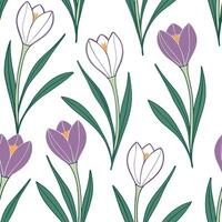 Fresh spring garden seamless pattern with tulips and crocuses for modern outdoor gardens concept as Modern outdoor garden design featuring tulips and crocuses arranged in a seamles Dynamic vector