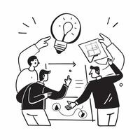 Flat design as Team brainstorming ideas in a creative meeting room concept as A illustration of a team brainstorming ideas in a creative meeting room using a 3 color scheme Dynamic vector