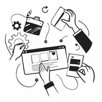Flat design as Product team collaborating on new features concept as A illustration of a product team collaborating on new features using laptops and digital tools with an 8 Dynamic vector