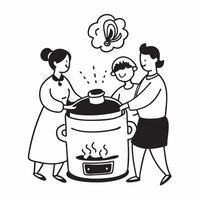 Family using a slow cooker concept as High resolution image of a family using a slow cooker with a glossy backdrop highlighting the cost effective and time saving benefits of cooki Dynamic vector