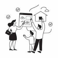 Family using a smart home system concept as High resolution image of a family using a smart home system with a glossy backdrop showcasing the convenience and cost saving benefits o Dynamic vector