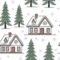 Elegant snow covered cottages and pine trees seamless tile pattern with winter charm concept as Snow covered cottages and pine trees create elegant seamless tile pattern with winte Dynamic vector