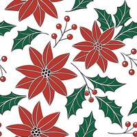 Elegant poinsettia and holly seamless tile pattern with rich red and green hues concept as Rich red poinsettias and holly leaves create an elegant seamless tile pattern with vibran Dynamic vector