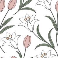 Elegant Easter lilies and tulips seamless tile pattern with sophisticated spring design concept as Sophisticated spring design with elegant Easter lilies and tulips creates seamles Dynamic vector