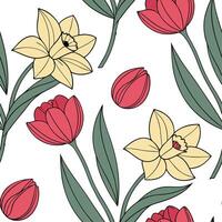 Elegant Easter orchids and tulips seamless tile pattern with rich spring hues concept as Rich spring hues highlight elegant Easter orchids and tulips in seamless tile pattern in P Dynamic Set 2 vector