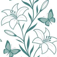 Elegant Easter lilies and butterflies seamless tile pattern with soft pastel hues concept as Soft pastel hues adorn elegant Easter lilies and butterflies in seamless tile pattern i Dynamic vector