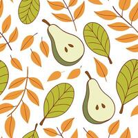 Cozy pear harvest seamless tile pattern with lush green pears and autumn foliage concept as Lush green pears and autumn foliage create a cozy pear harvest seamless tile pattern for Dynamic vector