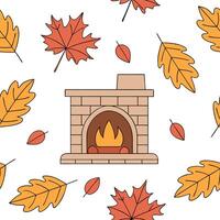 Cozy fireplace and autumn leaves seamless tile pattern with warm inviting tones concept as A cozy fireplace surrounded by autumn leaves creates a seamless tile pattern with warm in Dynamic vector