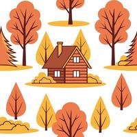 Cozy cabin in the woods seamless tile pattern with autumn trees leaves and warm lighting concept as Autumn trees and warm lighting create a cozy cabin in the woods seamless tile pa Dynamic vector