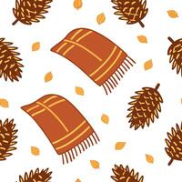 Cozy knitted blanket and pinecone seamless tile pattern with warm autumn tones concept as Warm toned knitted blankets paired with pinecones create a cozy seamless tile pattern perf Dynamic vector