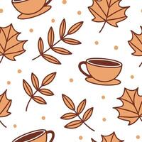 Cozy autumn tea and leaves seamless tile pattern with warm inviting colors concept as Warm colored tea cups and autumn leaves create a cozy seamless tile pattern perfect for fall t Dynamic vector