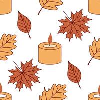 Cozy autumn candle and leaves seamless tile pattern with warm inviting colors concept as Warm inviting candles surrounded by autumn leaves create a cozy seamless tile pattern perfe Dynamic vector