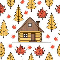 Cozy autumn cabin seamless tile pattern with pine trees leaves and warm lights concept as Pine trees colorful leaves and warm lights create a cozy autumn cabin seamless tile patter Dynamic vector