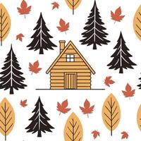 Cozy autumn cabin silhouette seamless tile pattern with pine trees and colorful leaves concept as Pine trees and colorful leaves create a cozy autumn cabin silhouette seamless tile Dynamic vector