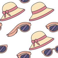 Cool summer seamless tile pattern with sunglasses and beach hats for stylish vacation spots concept as Sunglasses and beach hats in a seamless pattern for a stylish and fashionable Dynamic vector