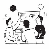 Colleagues in a brainstorming session in a creative office concept as A illustration of colleagues in a brainstorming session in a creative office using a 3 color palette to Dynamic vector