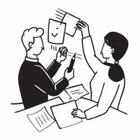 Colleagues working on a business proposal in a meeting concept as A illustration of colleagues working on a business proposal in a meeting using a 3 color scheme to highligh Dynamic vector