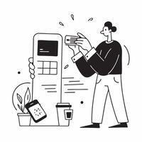 Coffee shop customer using mobile payment concept as High resolution image of a customer using mobile payment at a coffee shop with a glossy backdrop showcasing the modern and tech Dynamic Set 2 vector