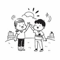 Childhood friends reuniting at a playground concept as Childhood friends reuniting blended with a playground scene symbolizing the nostalgia and joy of reuniting with old friends Dynamic vector