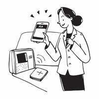 Businesswoman using mobile payment at an airport concept as High resolution image of a businesswoman using mobile payment at an airport with a glossy backdrop highlighting the conv Dynamic vector