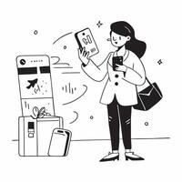 Businesswoman using mobile payment at an airport concept as High resolution image of a businesswoman using mobile payment at an airport with a glossy backdrop highlighting the conv Dynamic Set 2 vector