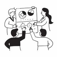 Business team evaluating risks in a strategic planning meeting concept as A illustration of a business team evaluating risks in a strategic planning meeting using a 3 color Dynamic vector